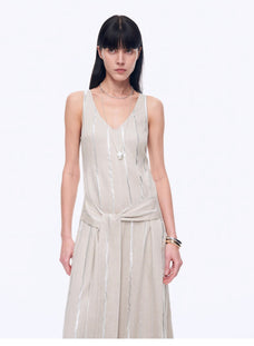 Silver Striped Linen V - Neck Drape Dress"Milan Holiday" - variant_title