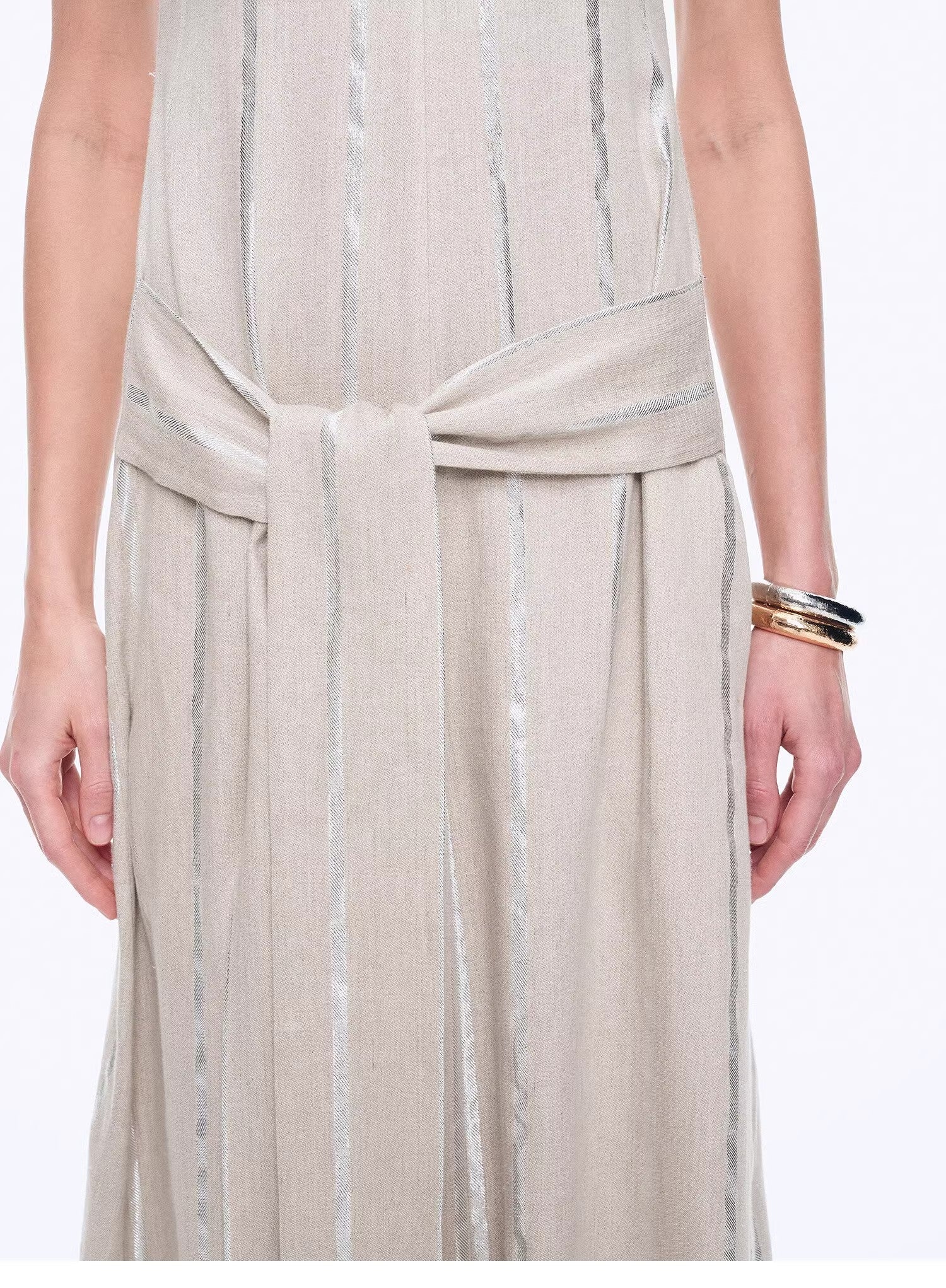 Silver Striped Linen V - Neck Drape Dress"Milan Holiday" - variant_title