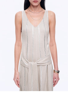 Silver Striped Linen V - Neck Drape Dress"Milan Holiday" - variant_title