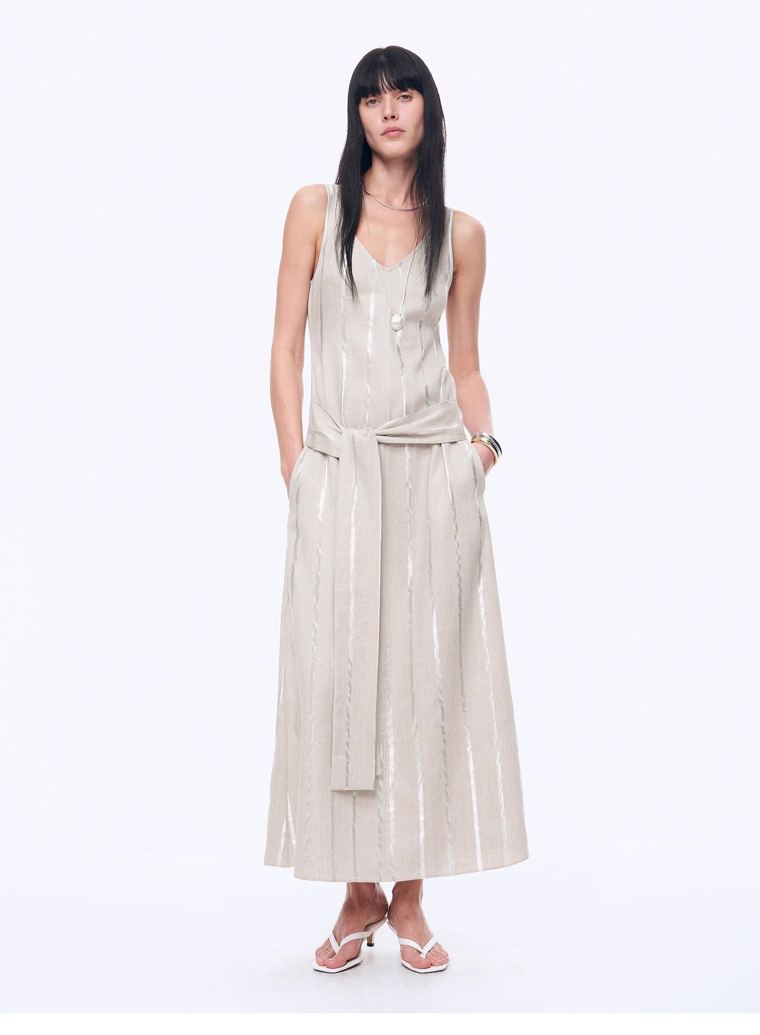 Silver Striped Linen V - Neck Drape Dress"Milan Holiday" - variant_title