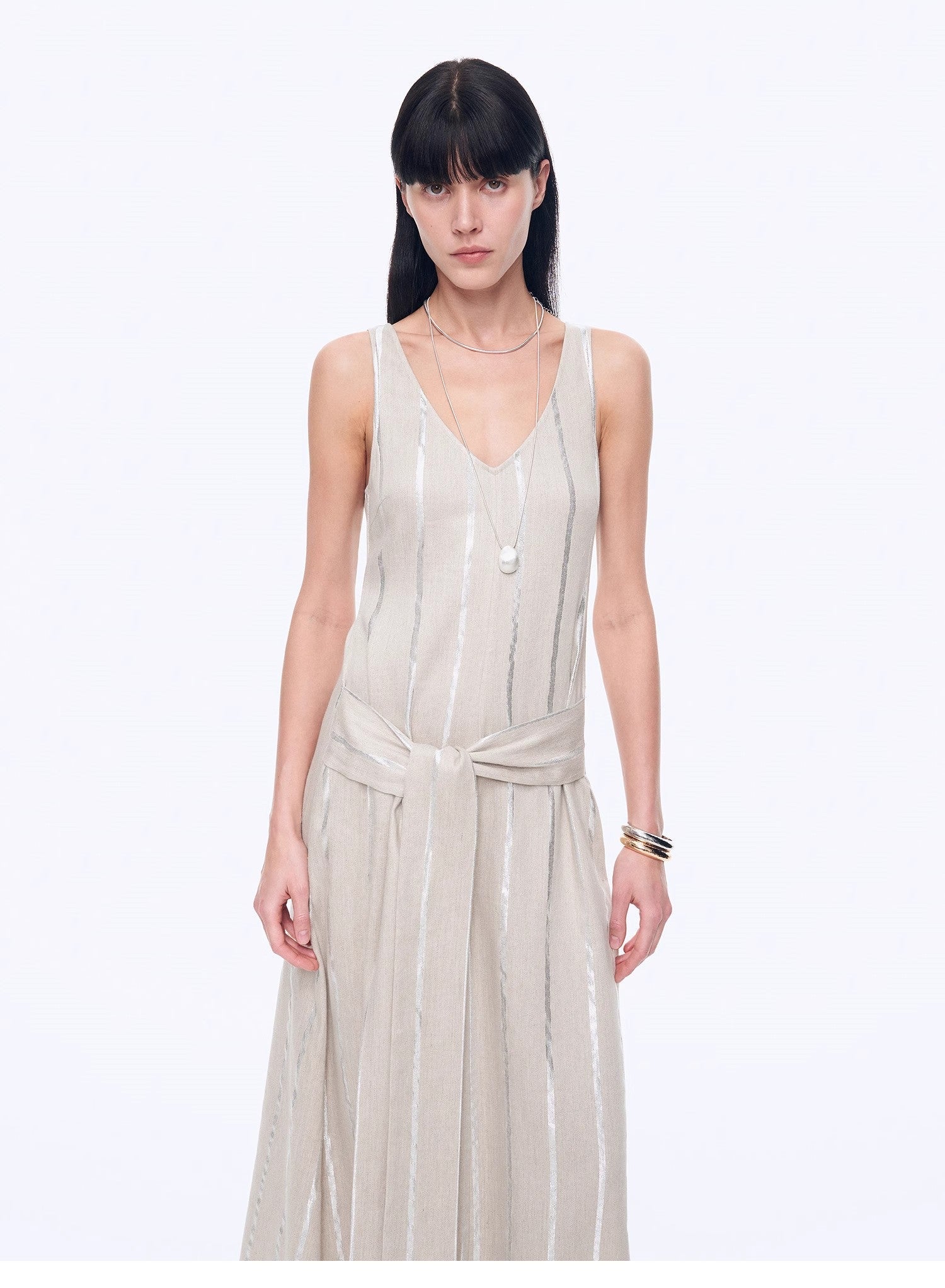 Silver Striped Linen V - Neck Drape Dress"Milan Holiday" - variant_title