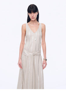 Silver Striped Linen V - Neck Drape Dress"Milan Holiday" - variant_title