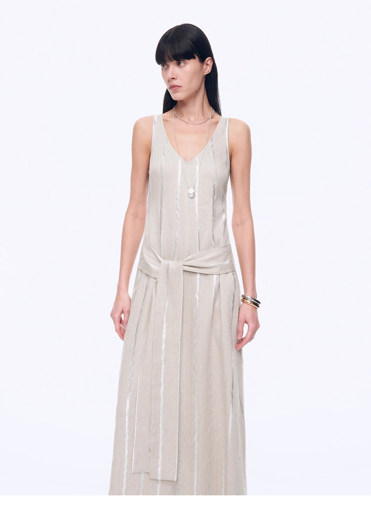 Silver Striped Linen V - Neck Drape Dress"Milan Holiday" - variant_title