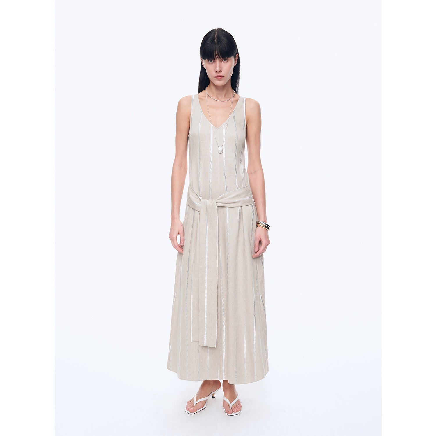 Silver Striped Linen V - Neck Drape Dress"Milan Holiday" - variant_title