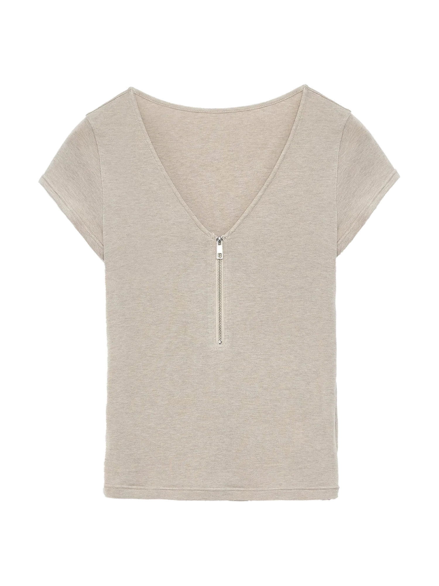 Flower Ash merino wool Tencel deep V-neck zipper short sleeve top product cutout