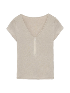Flower Ash merino wool Tencel deep V-neck zipper short sleeve top product cutout