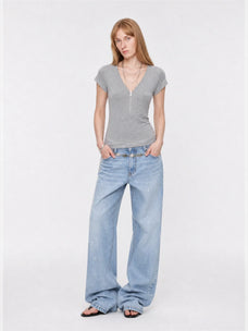 Khaki Gray merino wool Tencel deep V-neck zipper short sleeve top on model full front view