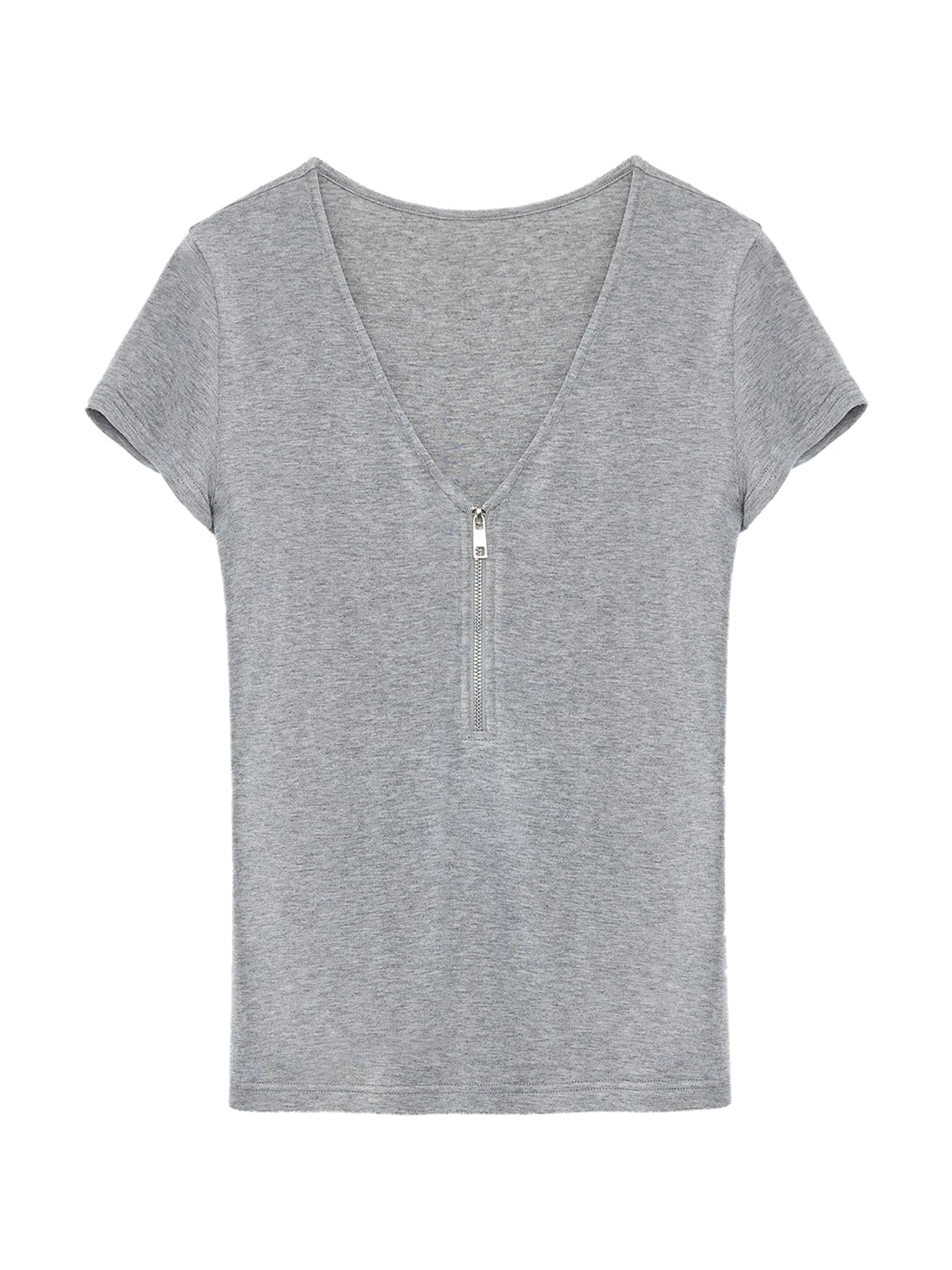 Khaki Gray merino wool Tencel deep V-neck zipper short sleeve top product cutout