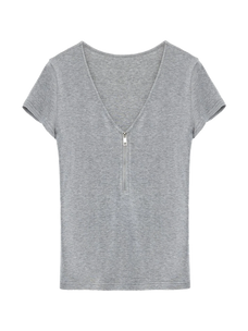 Khaki Gray merino wool Tencel deep V-neck zipper short sleeve top product cutout