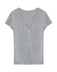 Khaki Gray merino wool Tencel deep V-neck zipper short sleeve top product cutout