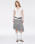 Original White merino wool Tencel deep V-neck zipper short sleeve top on model full front view