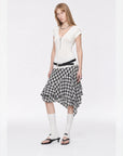 Original White merino wool Tencel deep V-neck zipper short sleeve top on model side view