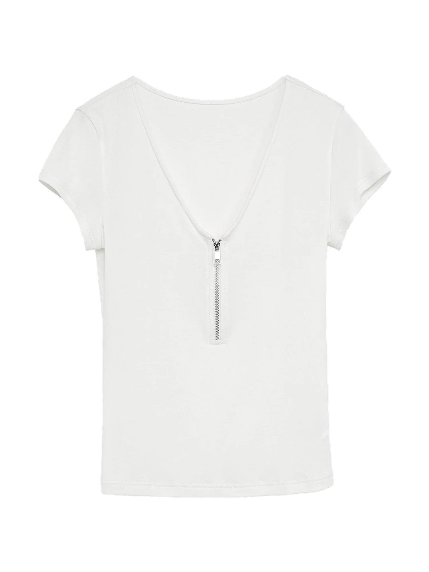Original White merino wool Tencel deep V-neck zipper short sleeve top product cutout