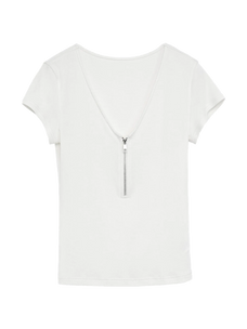 Original White merino wool Tencel deep V-neck zipper short sleeve top product cutout