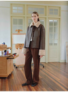 Slightly Sweet Latte long faux leather shearling jacket product image 09