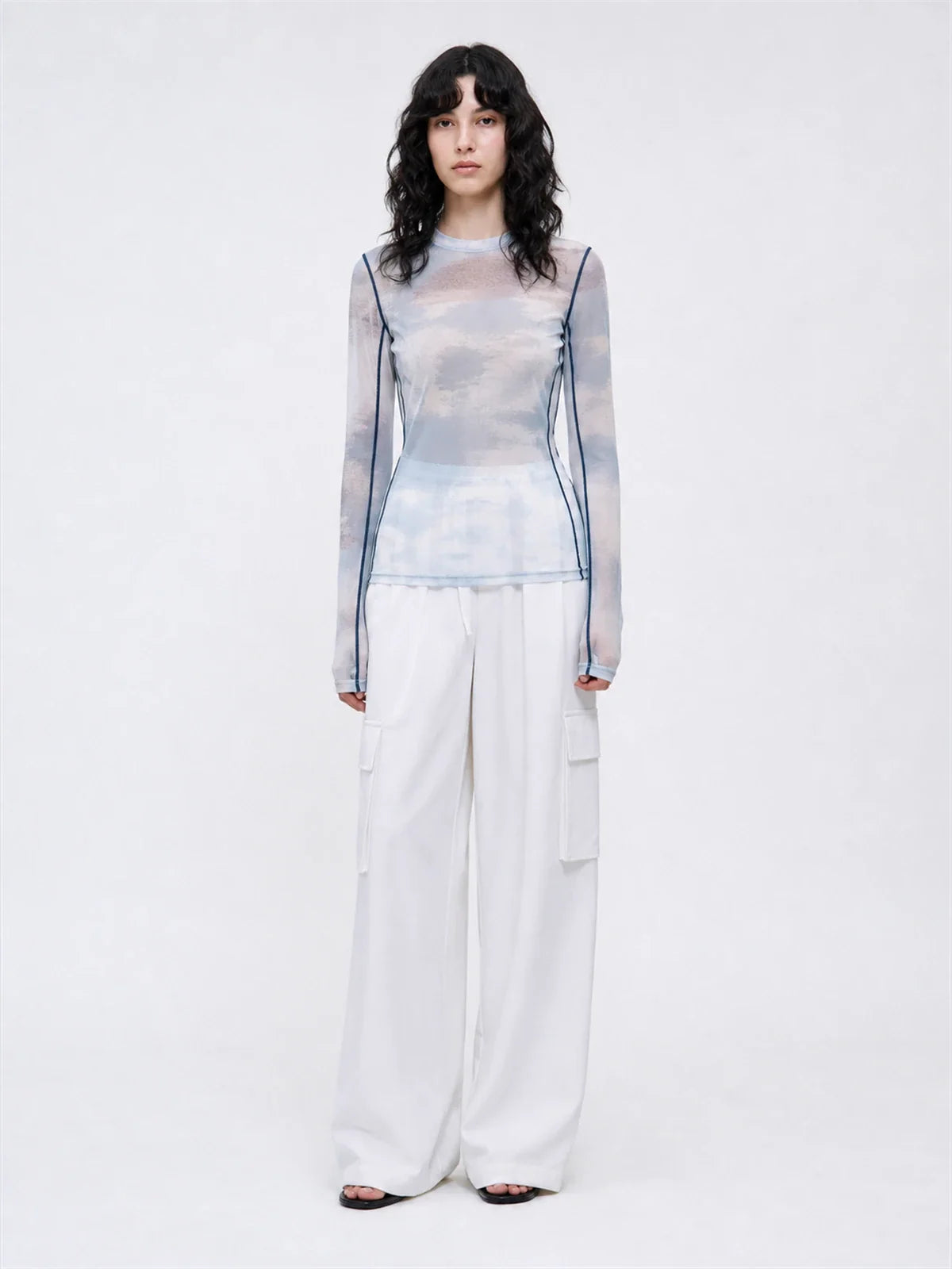 Smudge printed mesh long sleeve T-shirt Blue on MARIA model full front view