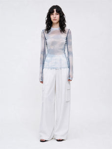 Smudge printed mesh long sleeve T-shirt Blue on MARIA model full front view