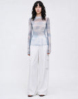 Smudge printed mesh long sleeve T-shirt Blue on MARIA model full front view