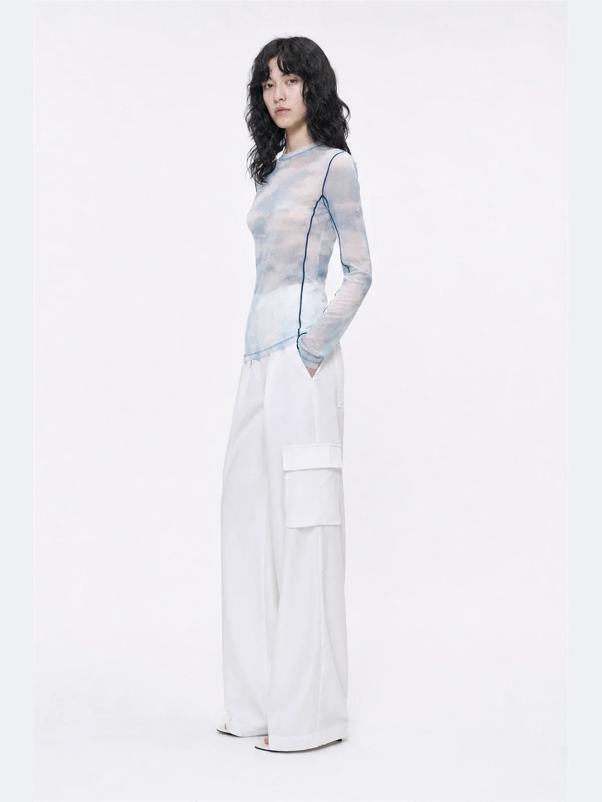 Smudge printed mesh long sleeve T-shirt Blue on MARIA model side view