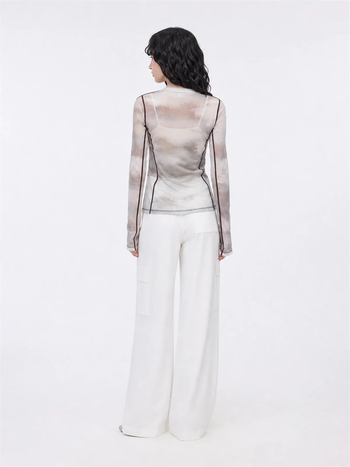 Smudge printed mesh long sleeve T-shirt Khaki on MARIA model back view