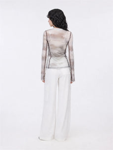 Smudge printed mesh long sleeve T-shirt Khaki on MARIA model back view