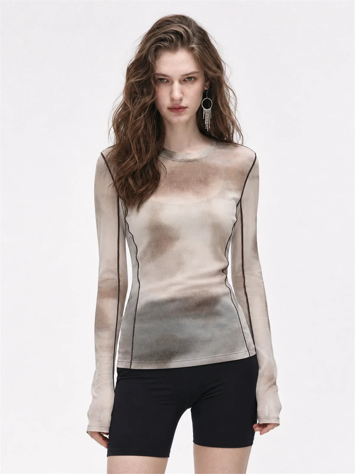 Smudge printed mesh long sleeve T-shirt Khaki on MARIA model front view