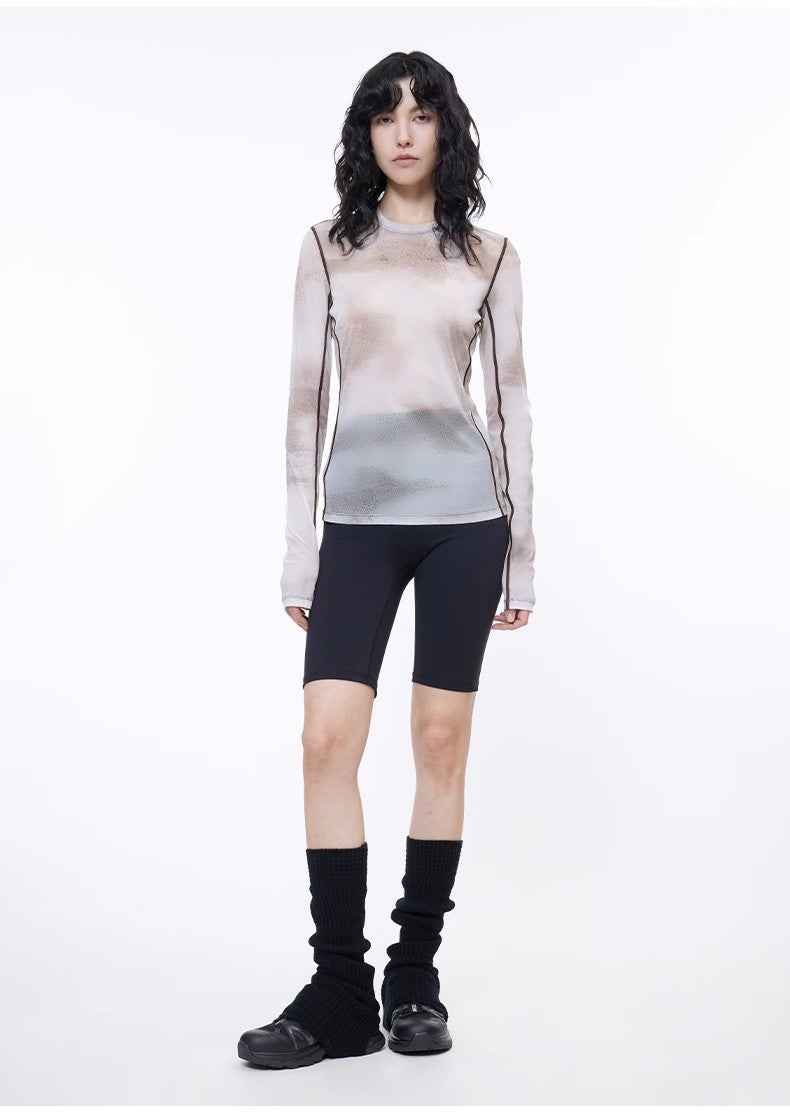 Smudge - printed mesh slightly see - through long - sleeved T-shirt for women - variant_title