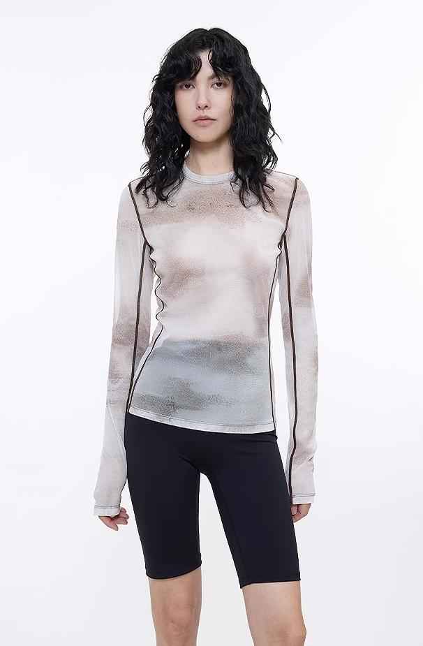 Smudge - printed mesh slightly see - through long - sleeved T-shirt for women - variant_title