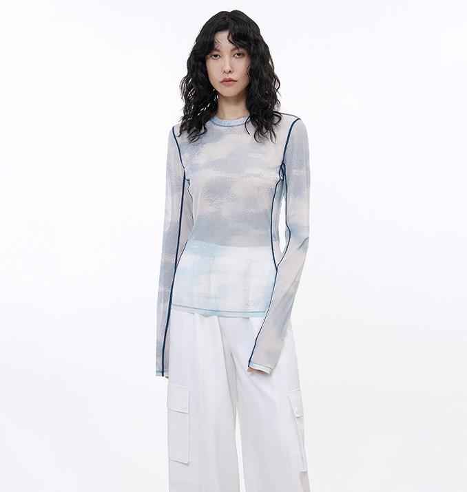 Smudge - printed mesh slightly see - through long - sleeved T-shirt for women - variant_title