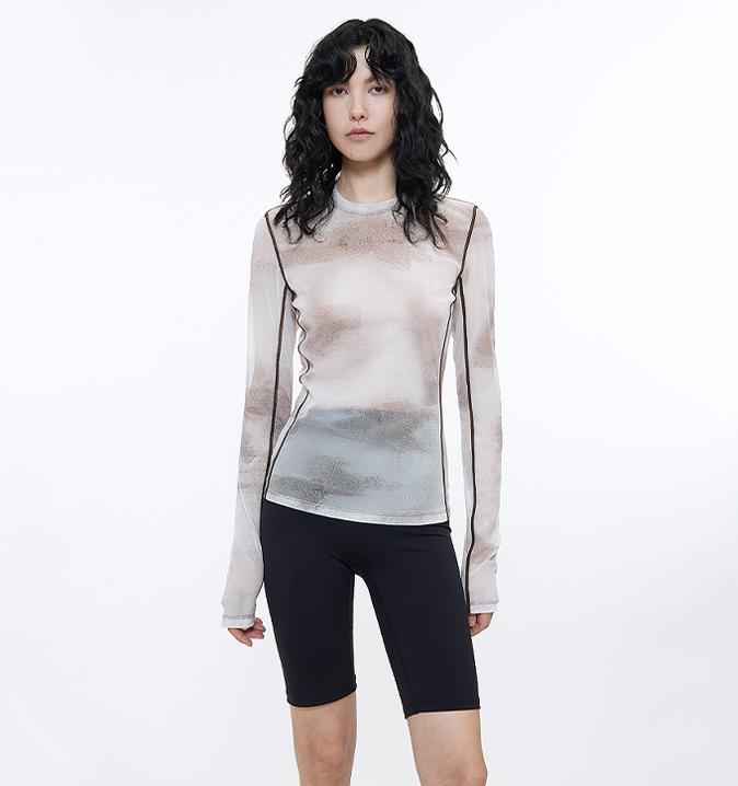 Smudge - printed mesh slightly see - through long - sleeved T-shirt for women - variant_title