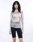 Smudge - printed mesh slightly see - through long - sleeved T-shirt for women - variant_title