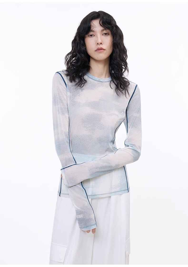 Smudge - printed mesh slightly see - through long - sleeved T-shirt for women - variant_title