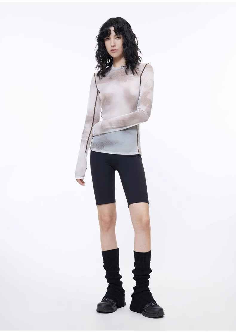 Smudge - printed mesh slightly see - through long - sleeved T-shirt for women - variant_title