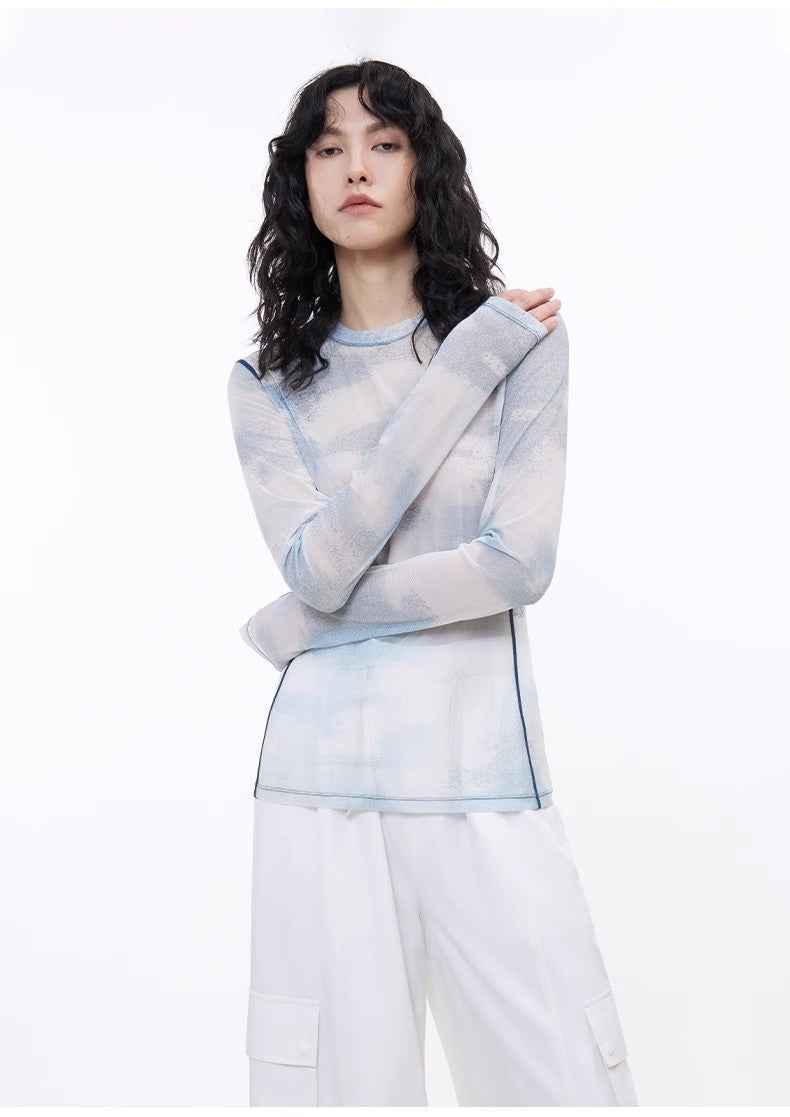Smudge - printed mesh slightly see - through long - sleeved T-shirt for women - variant_title