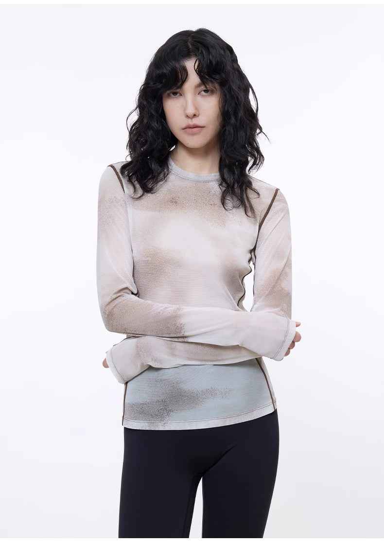 Smudge - printed mesh slightly see - through long - sleeved T-shirt for women - variant_title