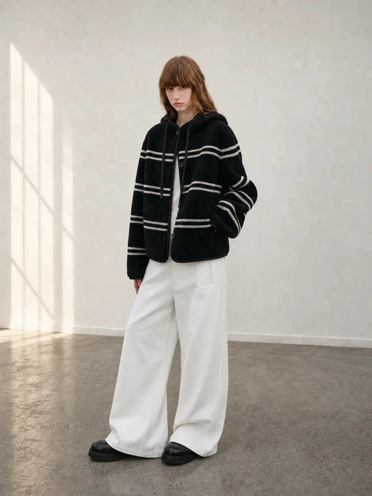 Firelady Fur Snowy New Year black white striped lamb wool jacket front model view