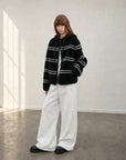 Firelady Fur Snowy New Year black white striped lamb wool jacket front model view