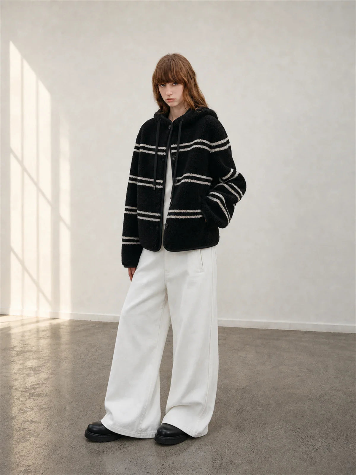 Firelady Fur Snowy New Year black white striped lamb wool jacket front model view