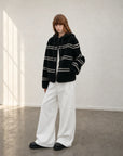 Firelady Fur Snowy New Year black white striped lamb wool jacket front model view
