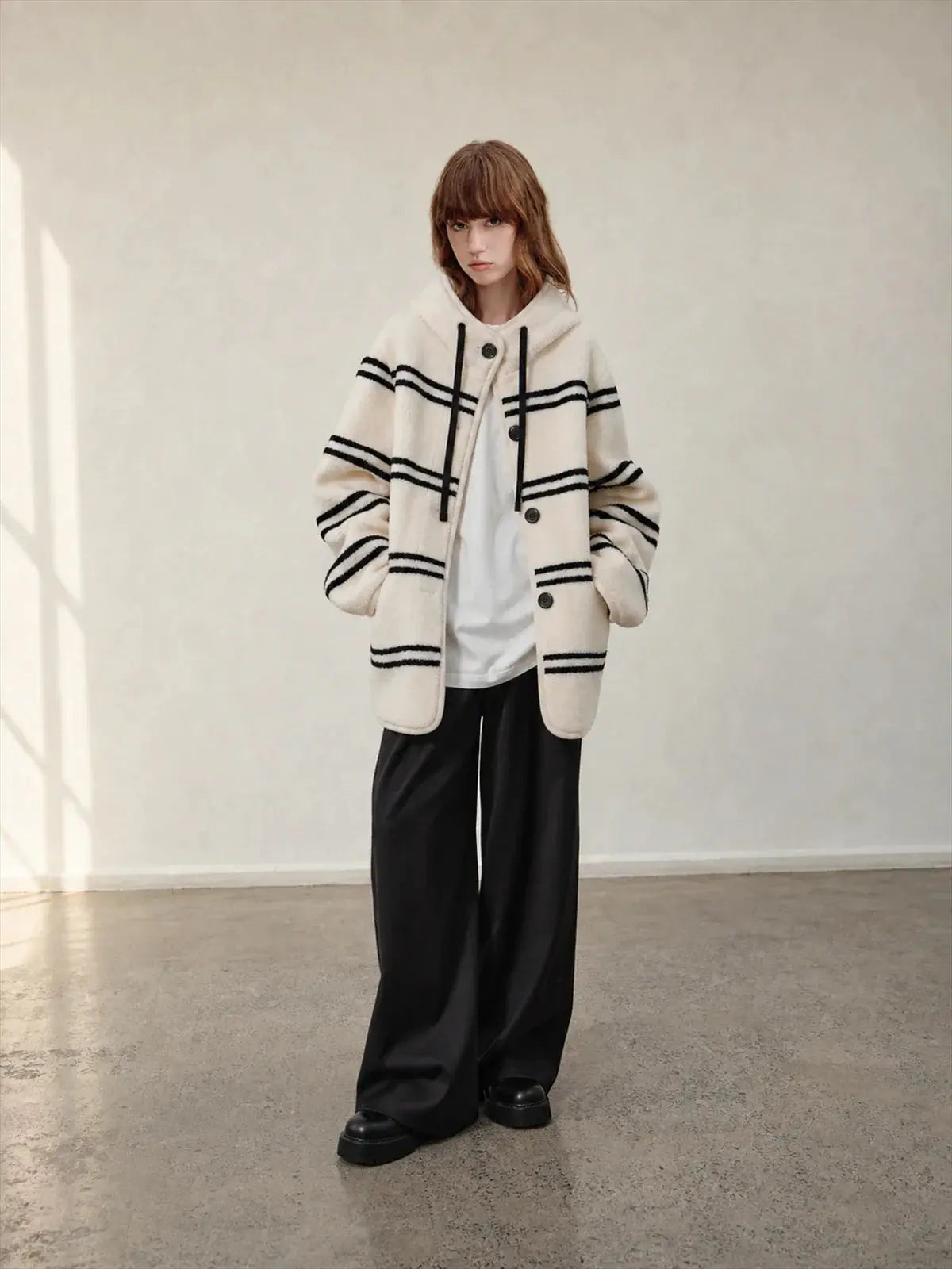 Firelady Fur Snowy New Year white black striped lamb wool jacket front model view