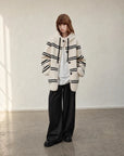 Firelady Fur Snowy New Year white black striped lamb wool jacket front model view