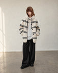 Firelady Fur Snowy New Year white black striped lamb wool jacket front model view