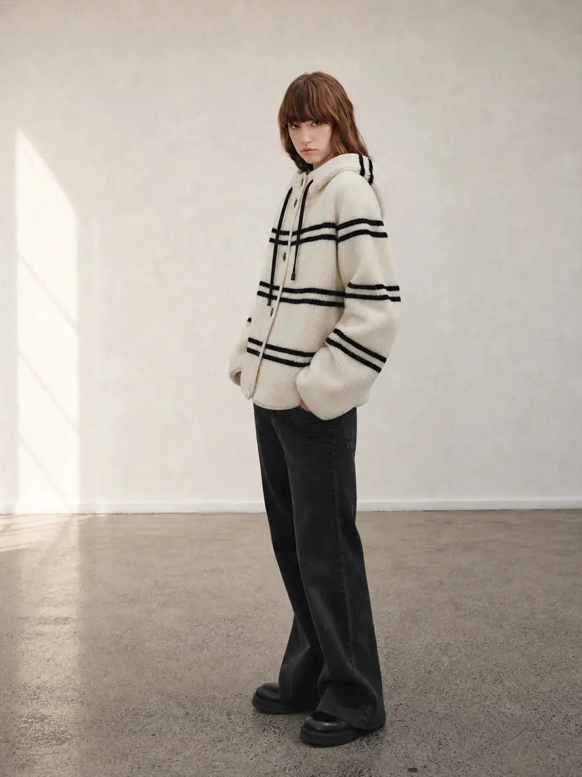 Firelady Fur Snowy New Year short white black striped lamb wool jacket side model view