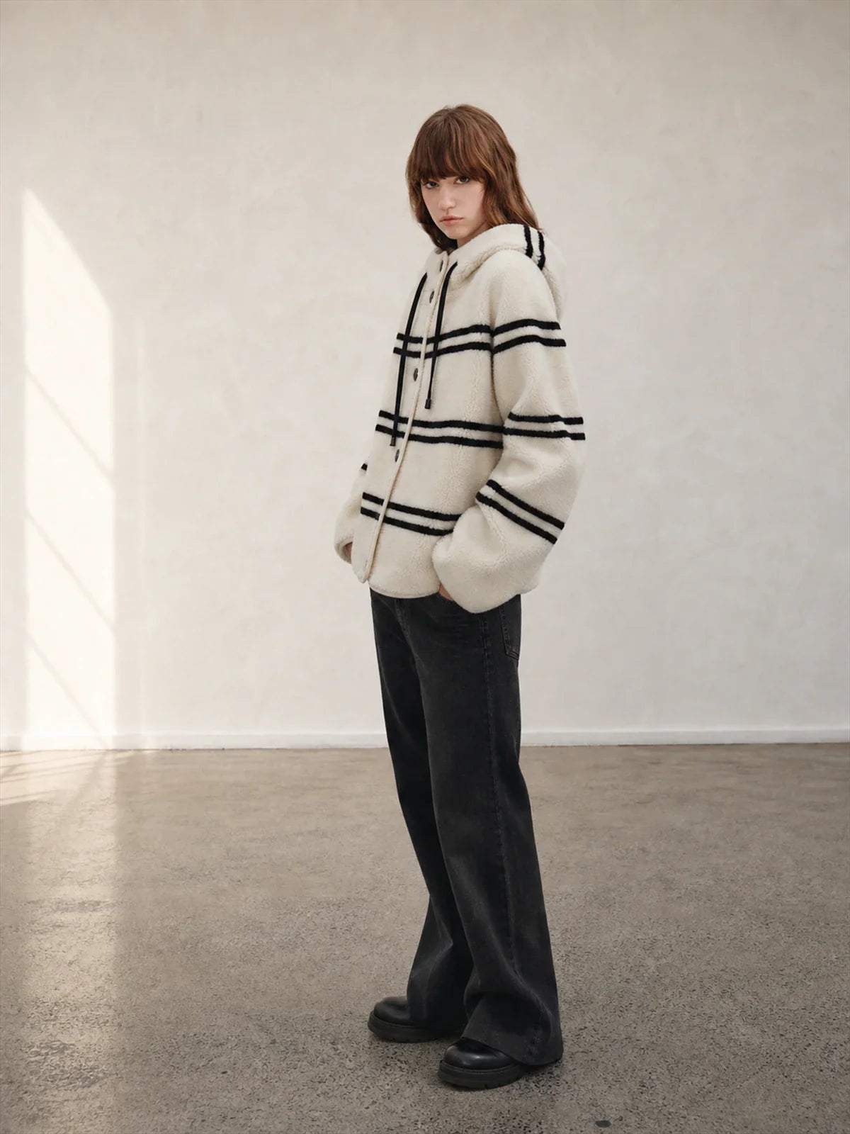 Firelady Fur Snowy New Year short white black striped lamb wool jacket side model view