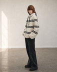 Firelady Fur Snowy New Year short white black striped lamb wool jacket side model view