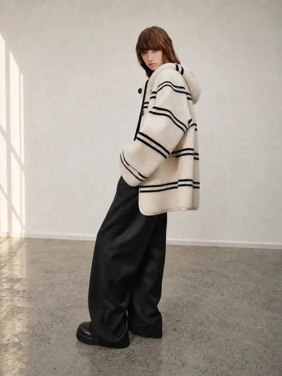 Firelady Fur Snowy New Year white black striped lamb wool jacket side model view
