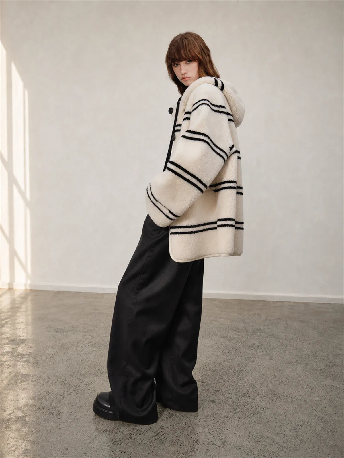 Firelady Fur Snowy New Year white black striped lamb wool jacket side model view