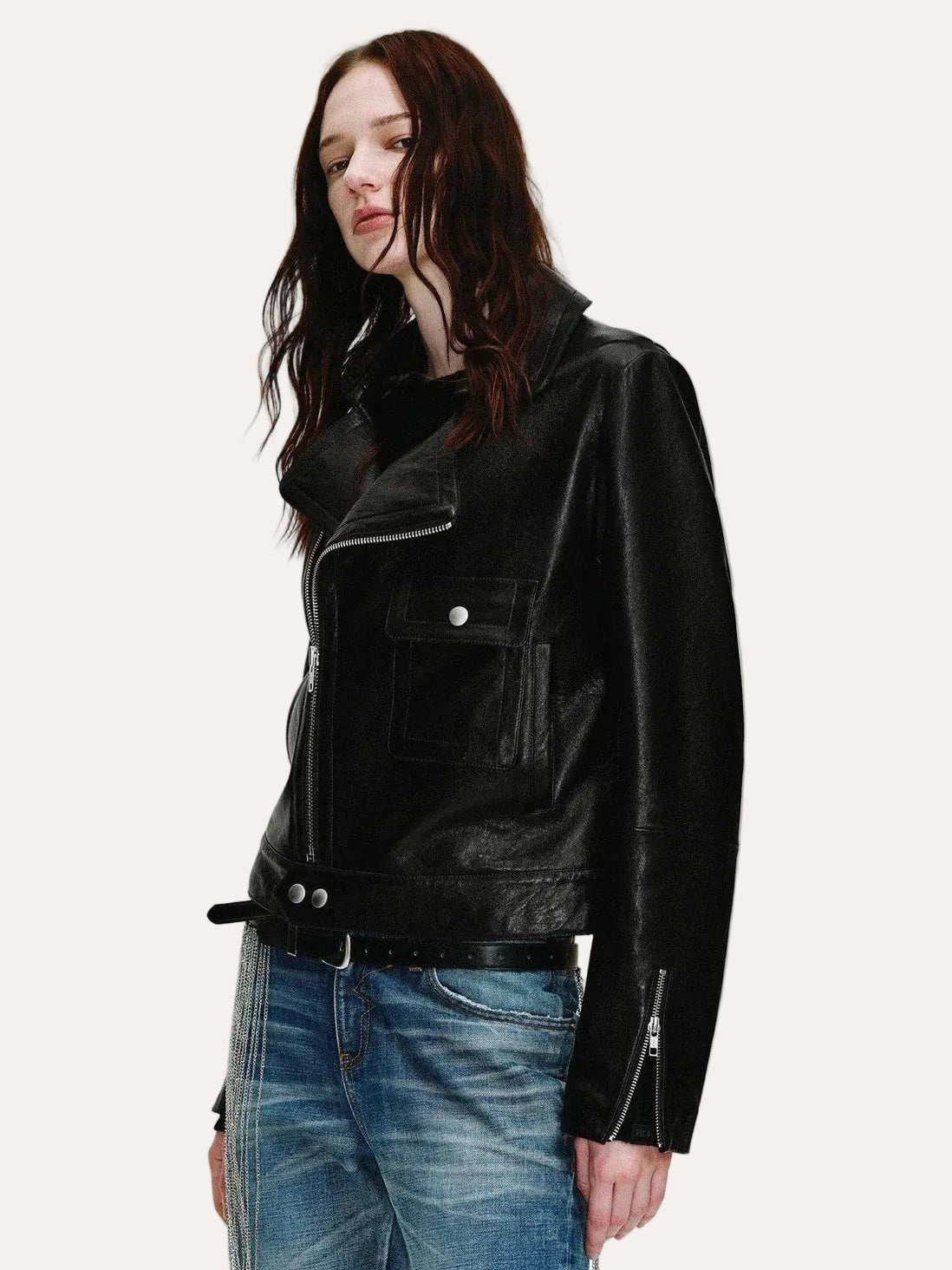 Soft Lightweight Fit cropped lambskin moto jacket - Black angled model view