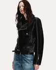 Soft Lightweight Fit cropped lambskin moto jacket - Black angled model view