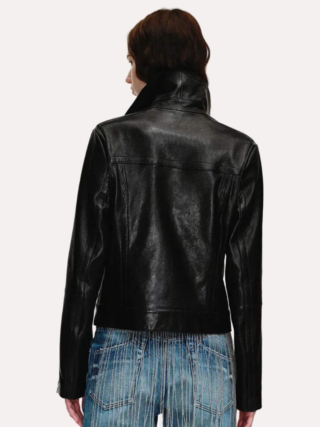 Soft Lightweight Fit cropped lambskin moto jacket - Black back model view